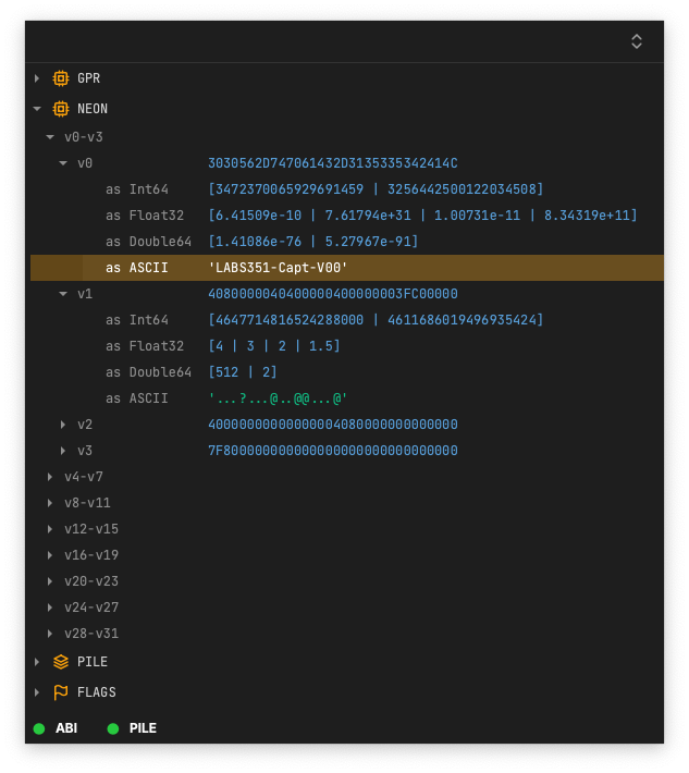LABS351 ARM64 NEON V0 to V31 register inspection with typed representations
