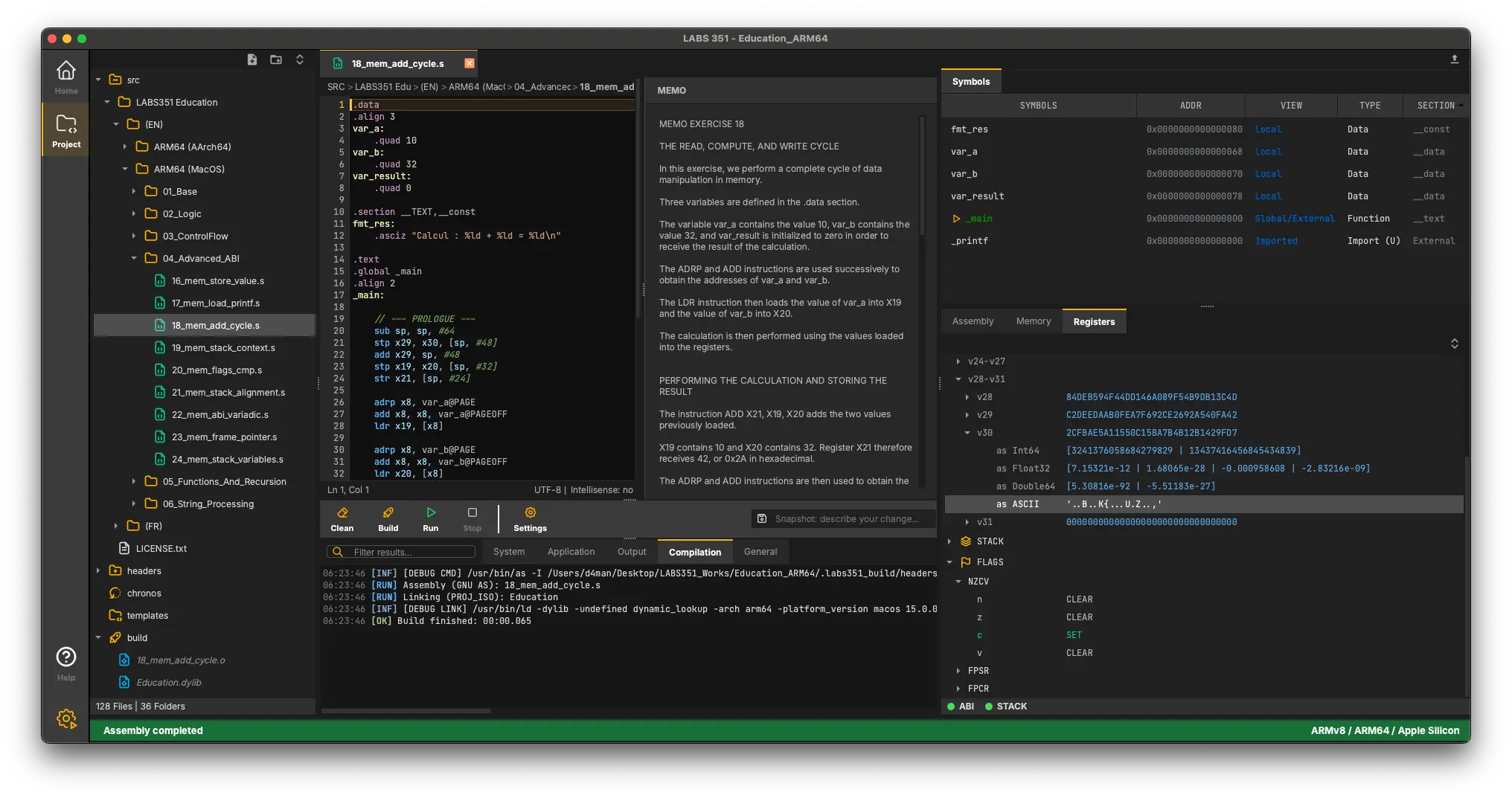 LABS351 runtime introspection showing registers, stack, symbols, native disassembly and ABI diagnostics